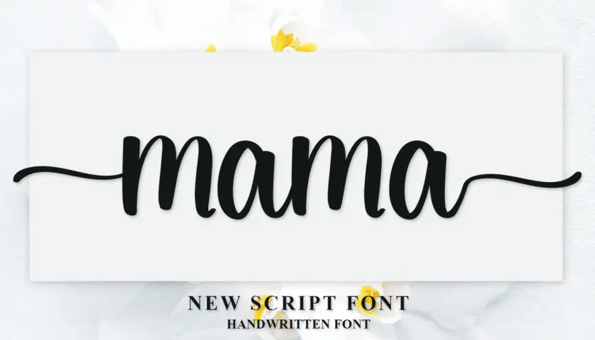 La palabra "mama" escrita en una fuente script elegante, sobre un fondo blanco con flores de orquídea.