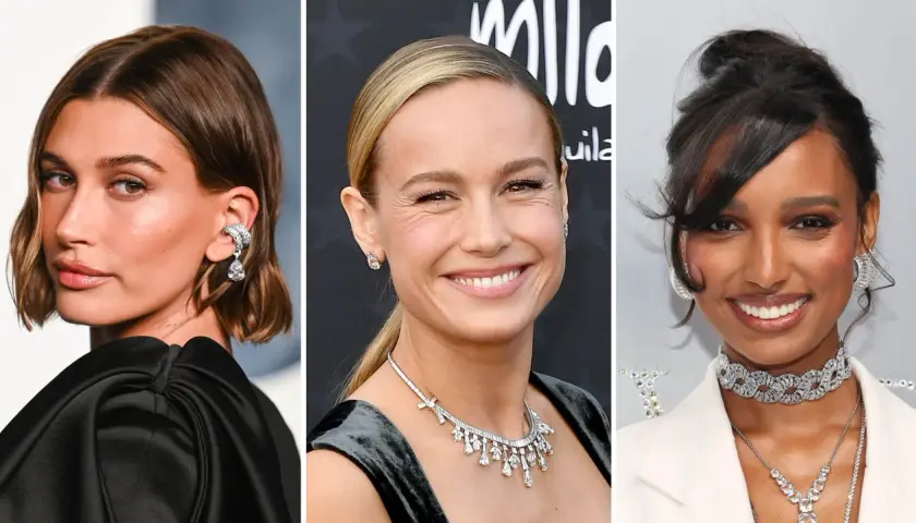 Tre kvinnor med korta frisyrer för tunt hår. Hailey Bieber med en bob, Brie Larson med en hästsvans och Jourdan Dunn med en knut.