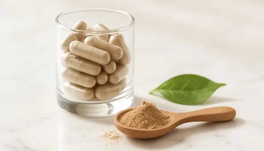 Capsule e polvere di adattogeni in un bicchiere e su un cucchiaio di legno, con una foglia verde sullo sfondo.