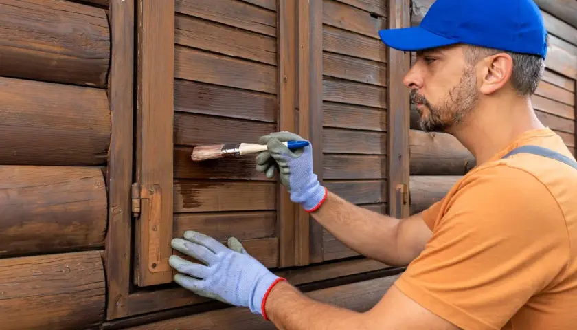 Uomo con guanti blu e cappellino blu restaura scuri in legno. Scopri i prezzi per il restauro scuri in legno.