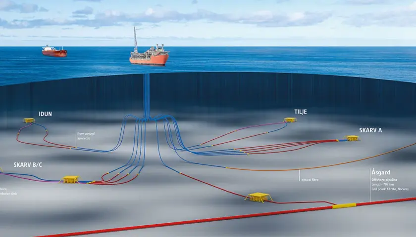 Ilustracja przedstawia podwodne systemy wydobywcze z rurociągami i jednostką FPSO na powierzchni.