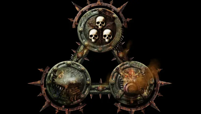 Mroczny symbol z trzema czaszkami, mózgiem i bestią, otoczony zardzewiałymi kolcami. Harbinger of decay.