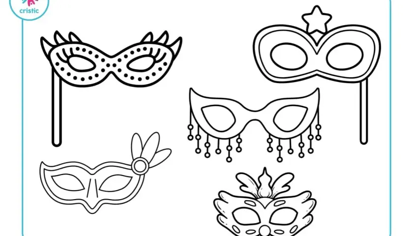 Conjunto de dibujos de carnaval kawaii para colorear: máscaras con plumas, estrellas y adornos. ¡Perfectos para una fiesta!