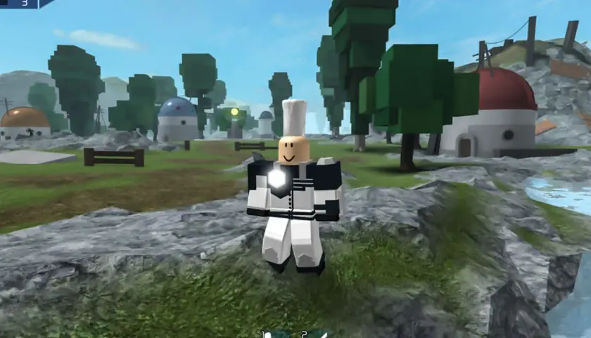 Postać w grze Roblox, która istnieje od 2006 roku, stoi na tle krajobrazu z budynkami i drzewami.