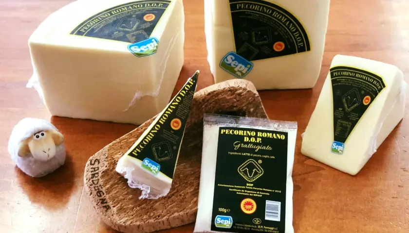 Ser pecorino romano DOP w kawałkach i starty, obok owieczki. Idealny do makaronu.