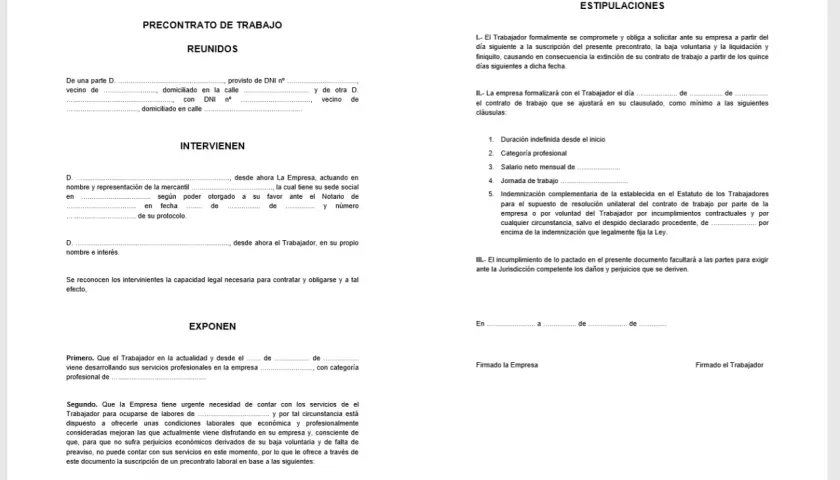 Precontrato de trabajo con estipulaciones sobre duración, categoría, salario, jornada e indemnización.