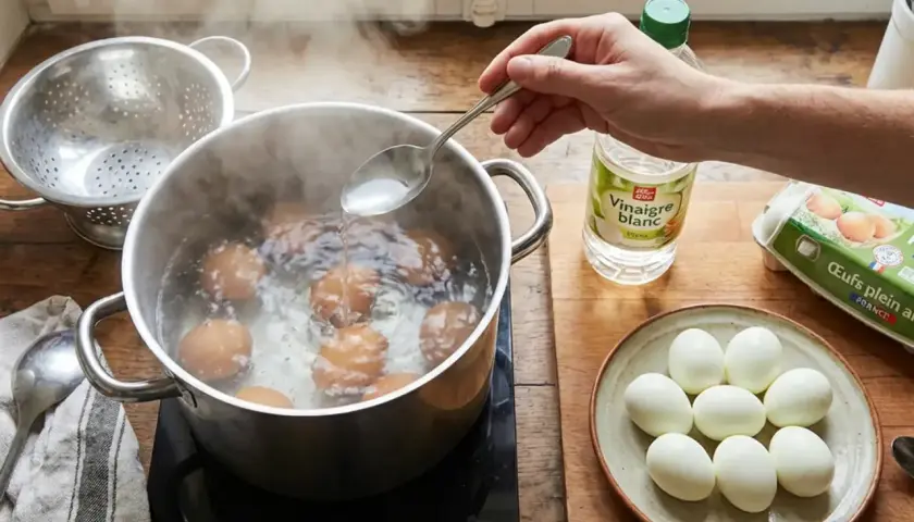 Une main ajoute du vinaigre blanc dans l'eau bouillante où cuisent des œufs. C'est une astuce pour éviter que les œufs durs ne se fendent.
