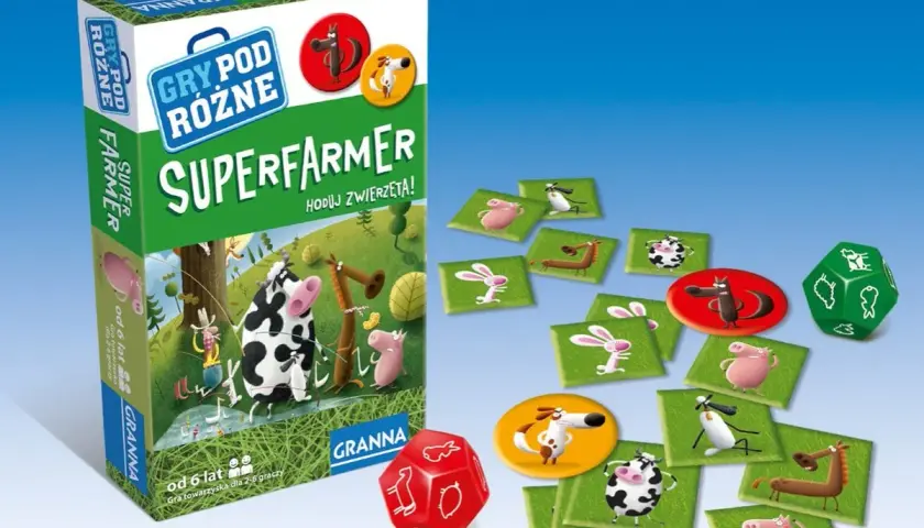 Super Farmer: zasady gry towarzyskiej z uroczymi zwierzątkami. Plansza, kostki i żetony z farmą.