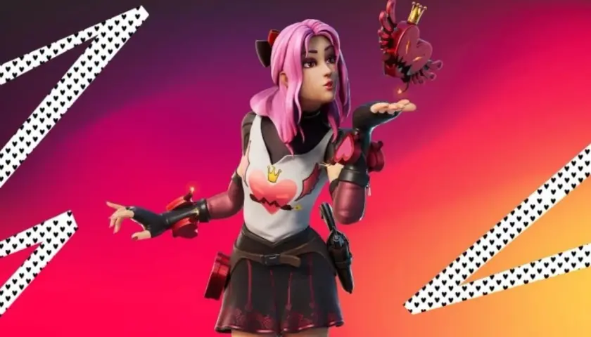 Dziewczyna z różowymi włosami i sercem na koszulce, która dmucha całusa do latającego serca. To jedne z najlepszych skinów w Fortnite.