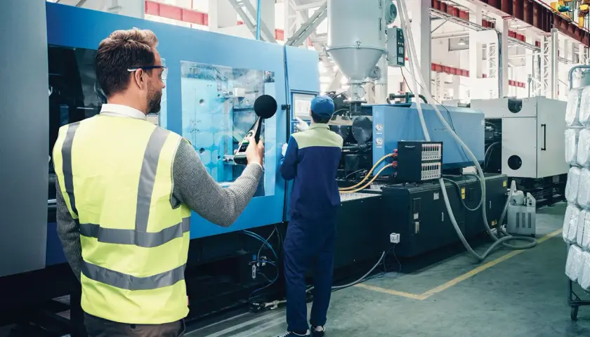Un técnico con chaleco reflectante mide el nivel de presión sonora de una máquina industrial.