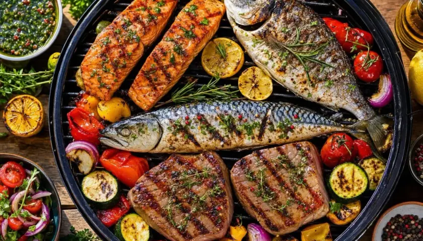 Poisson, saumon et steaks grillés sur un barbecue, accompagnés de légumes et d'une sauce verte. Une parfaite marinade poisson barbecue pour un repas estival.