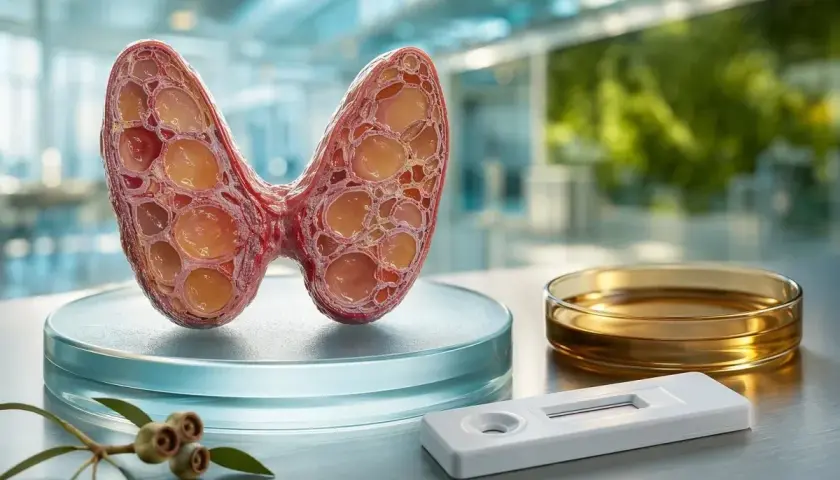 Przekrój tarczycy, gdzie widoczne są pęcherzyki wypełnione płynem. Obok leży test diagnostyczny, sugerujący badanie poziomu tyreoglobuliny.