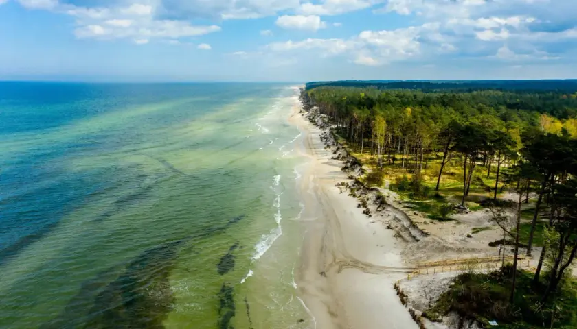 Malownicza lubiatowo plaża z zielonym morzem i sosnowym lasem. Piasek, fale i chmury tworzą spokojny krajobraz.