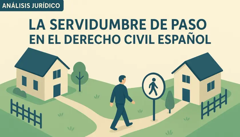Ilustración de dos casas conectadas por un camino, con un hombre caminando. Representa la servidumbre de paso sin escriturar en el derecho civil español.