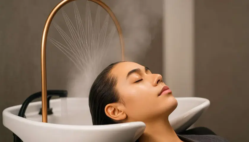Mujer disfrutando de un tratamiento de spa para el pelo con vapor, relajándose en un lavacabezas.