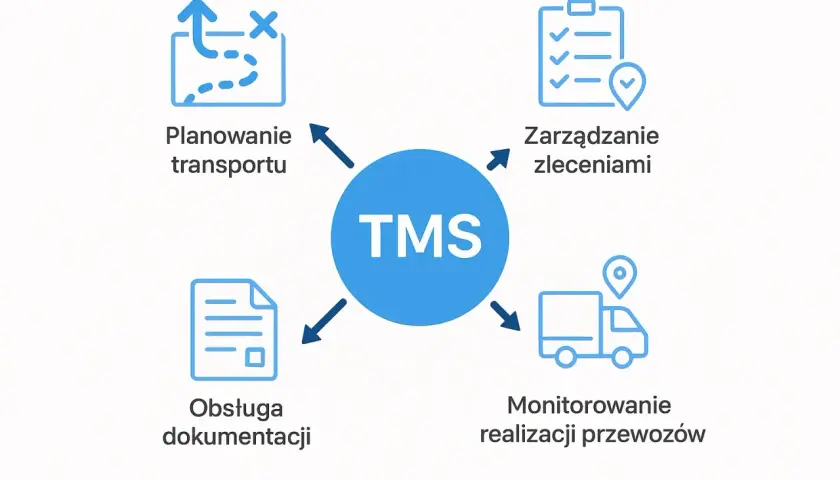 Schemat TMS: planowanie transportu, zarządzanie zleceniami, monitorowanie realizacji przewozów i obsługa dokumentacji. Idealne dla osoby zarządzającej transportem.