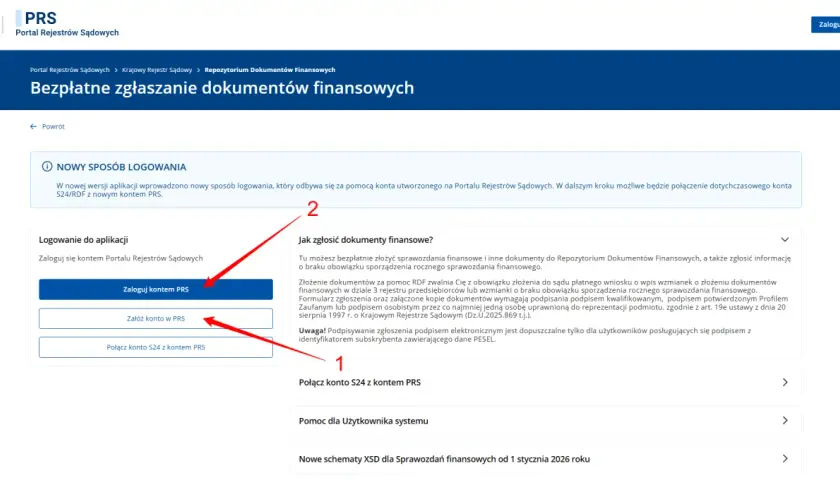 Zgłoszenie sprawozdania finansowego w systemie PRS. Kliknij "Zaloguj kontem PRS" lub "Załóż konto w PRS".