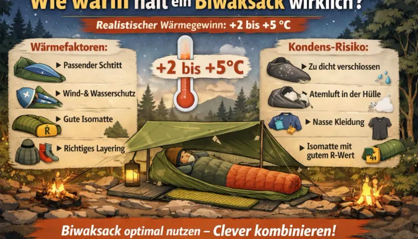 Ein Biwaksack schützt vor Kälte und Nässe. Die Grafik zeigt, wie man ihn optimal nutzt, um die Wärme zu maximieren und Kondenswasser zu vermeiden.