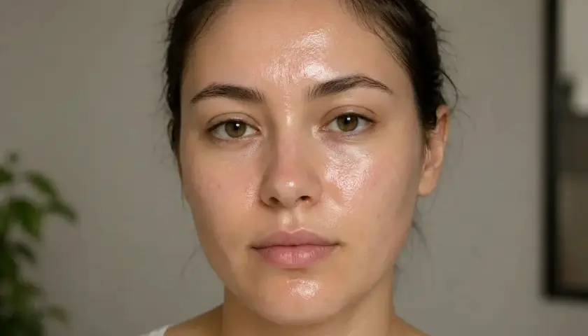 Błyszcząca cera z widocznym sebum, podkreślająca naturalne piękno.
