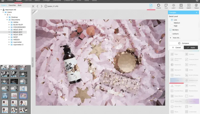 Efekt mozaiki na zdjęciu z buteleczką i gwiazdkami. Program PhotoScape X pozwala na tworzenie takich artystycznych przekształceń.