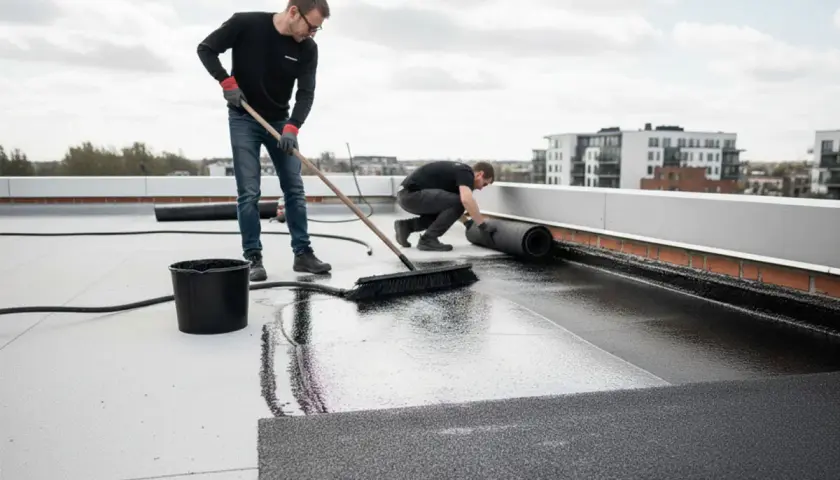 Dwóch mężczyzn układa lepik na dachu. Jeden rozprowadza masę, drugi rozwija rolkę materiału.