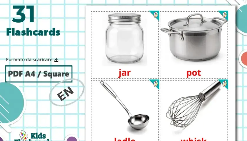 Flashcards di "Kitchenware" con barattolo (jar), pentola (pot), mestolo (ladle) e frusta (whisk) in inglese.