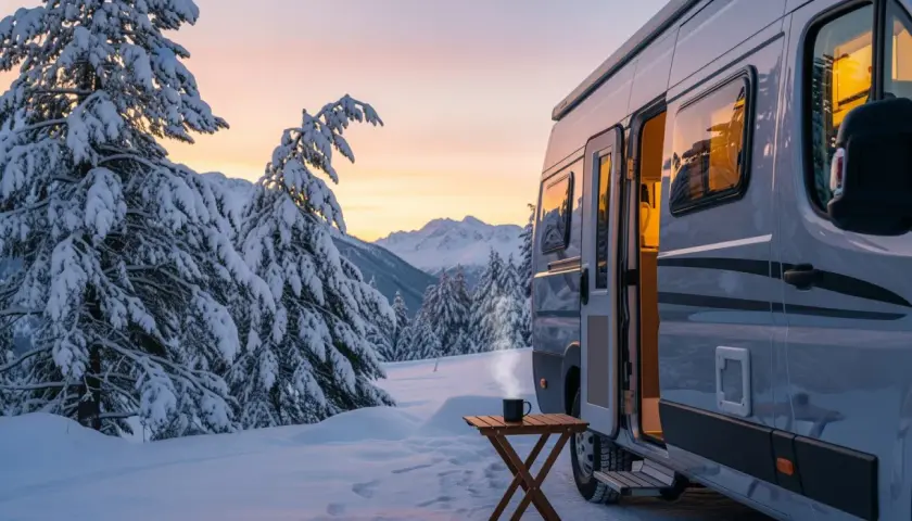 Zimowy polski caravaning. Kamper w śniegu, gorąca kawa na stoliku, zaśnieżone drzewa i góry o zachodzie słońca.