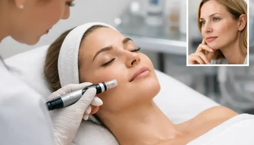 Ansiktsbehandling för mogen hud. En kvinna får microneedling för att förbättra hudens textur och lyster.