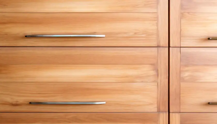 Anteprima di un mobile con cassetti in legno di frassino, con maniglie metalliche.
