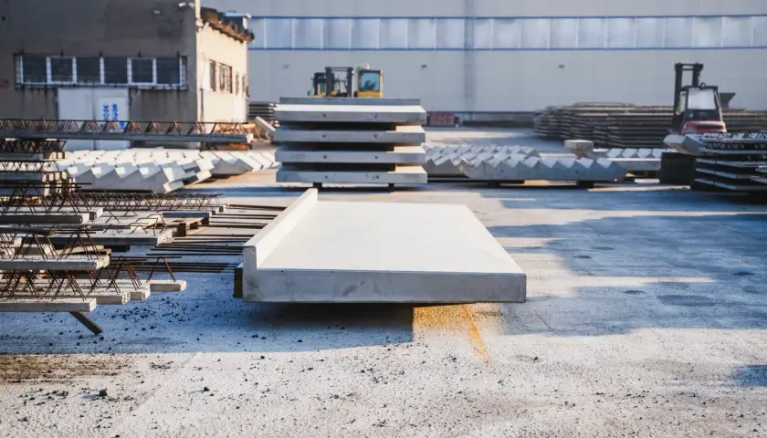 Gotowe do montażu elementy, w tym betonowy balkon prefabrykowany, czekają na placu budowy.