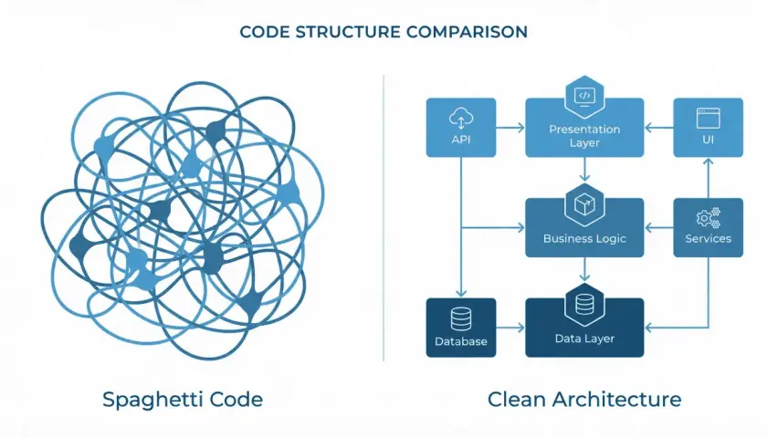Porównanie struktury kodu: spaghetti code (nieuporządkowane połączenia) kontra czysta architektura (warstwy: API, prezentacji, logiki biznesowej, danych, UI, usług).