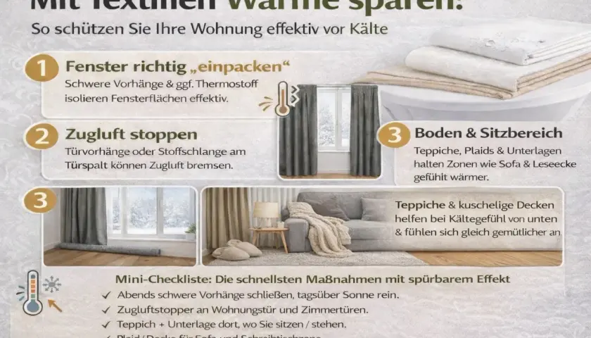 Graue, schwere Vorhänge hängen vor einem Fenster und isolieren es. Eine **Gardine vor Heizung** schützt vor Kälte.