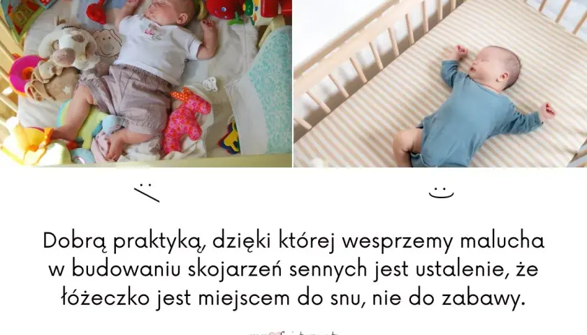 Dwa zdjęcia dzieci śpiących w łóżeczku. Psychologia spania z dzieckiem: łóżeczko to miejsce snu, nie zabawy.