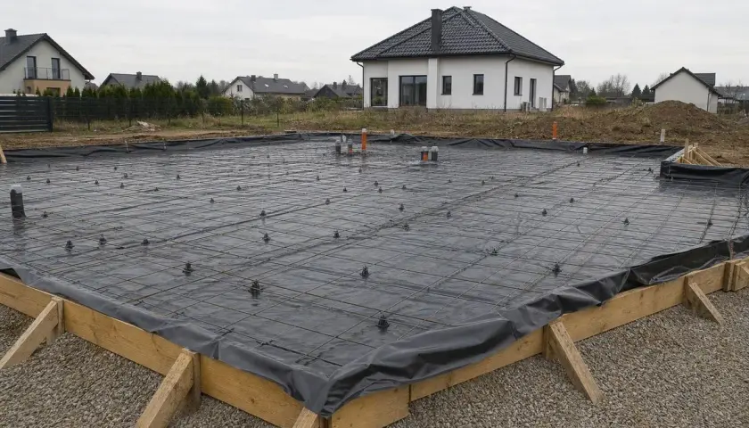 Przygotowane wykopy pod fundamenty, zbrojenie i izolacja przeciwwilgociowa czekają na beton. W tle domy jednorodzinne.