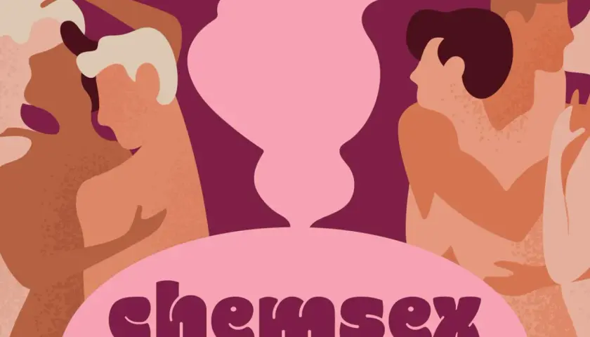 Figure stilizzate abbracciate, con la scritta "chemsex" in primo piano. Un'immagine che evoca la "droga del sesso" e l'intimità.