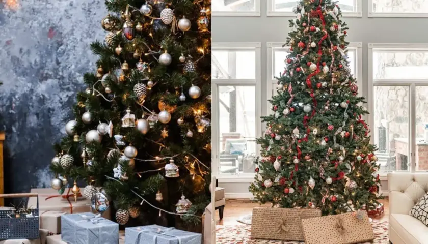 Två julgranar med julgrans inspo. En gran med silverkulor och ljusslingor, den andra med röda band och julgranskulor. Presenter ligger under båda.