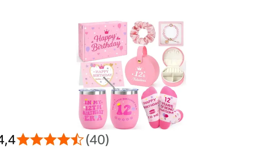 Set regalo per idee festa compleanno 12 anni ragazza: scatola, scrunchie, bracciale, portagioie, bicchieri e calzini a tema.