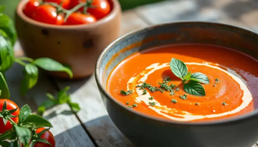 En skål med krämig tomatsoppa, garnerad med grädde och basilika. Bredvid syns färska tomater och gröna blad, perfekt för ett enkelt tomatsoppa recept.