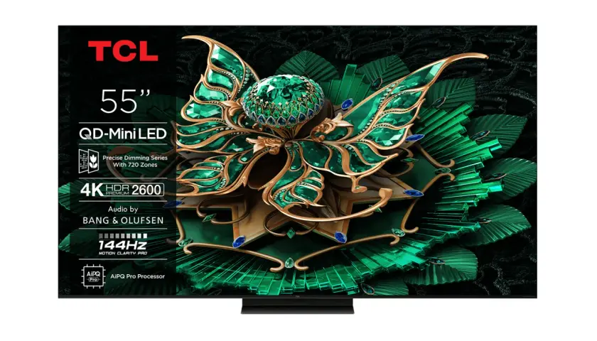 Telewizor TCL 55C7K z ekranem QD-Mini LED, 4K HDR 2600, dźwiękiem Bang & Olufsen i procesorem AiPQ Pro.