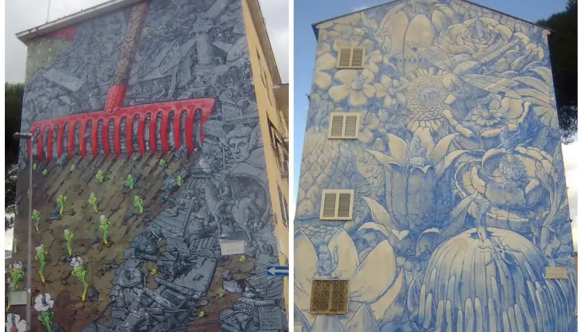 Due murales a San Basilio: uno con un rastrello rosso su un campo di detriti e figure mitologiche, l'altro con fiori e insetti in blu.