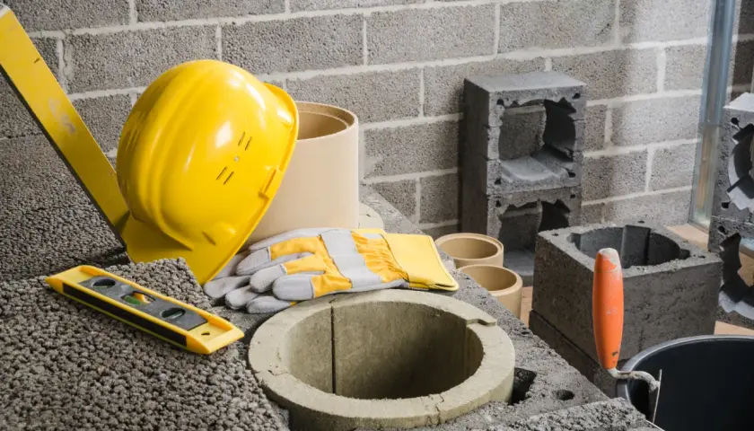 Narzędzia i materiały do budowy komina: żółty kask, rękawice, poziomica, elementy kominowe. Przygotowanie do tego, jak naprawić pęknięty komin z cegły.