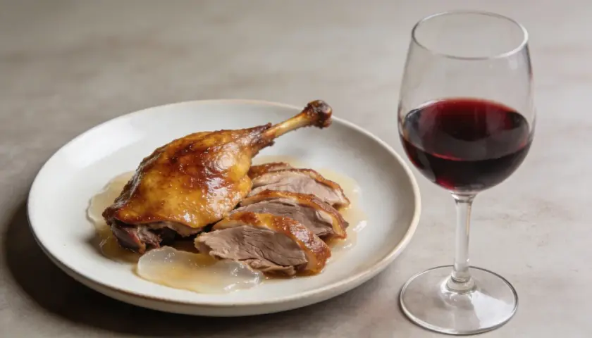 Un plat de canard rôti, tranché et nappé de sauce, accompagné d'un verre de vin rouge. Le parfait accord pour savoir quel vin rouge avec du canard.