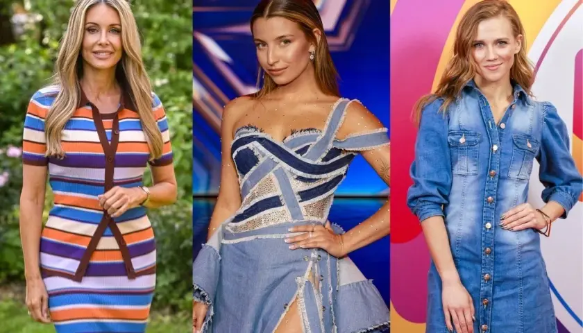 Trzy polskie aktorki w stylizacjach: w pasiastej sukience, sukni z denimu i jeansowej sukience.