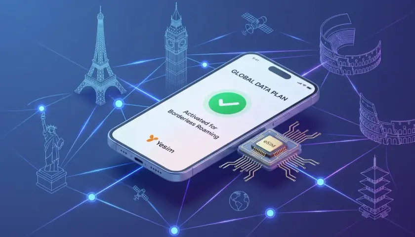 Jak sprawdzić, czy telefon obsługuje eSIM? Na ekranie telefonu widać "GLOBAL DATA PLAN" i "Activated for Borderless Roaming". Obok znajduje się chip z napisem eSIM.