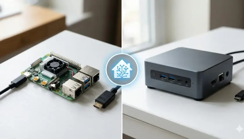 Raspberry Pi i minikomputer obok siebie, porównanie sprzętu do **home assistant**.