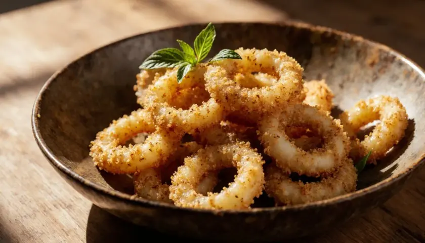 Knusprige calamari fritti in einer rustikalen Schale, garniert mit frischer Minze. Ein Genuss für die Sinne.