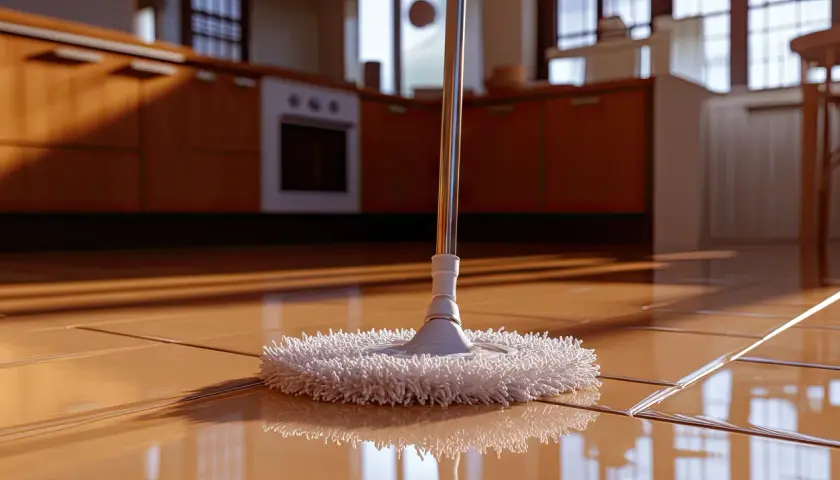 Biały mop z mikrofibry na błyszczącej, brązowej podłodze w kuchni.