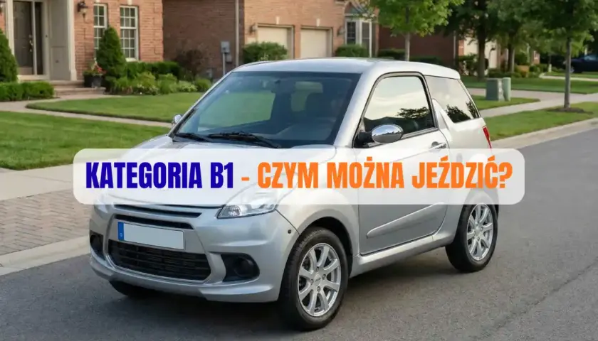 Srebrny, kompaktowy pojazd na tle domu. Napis: "KATEGORIA B1 - CZYM MOŻNA JEŹDZIĆ?".