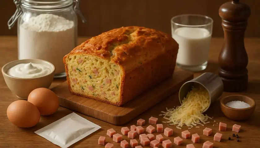 Un cake salé moelleux, prêt à être dégusté, avec ses ingrédients : farine, œufs, fromage, jambon, lait et épices.