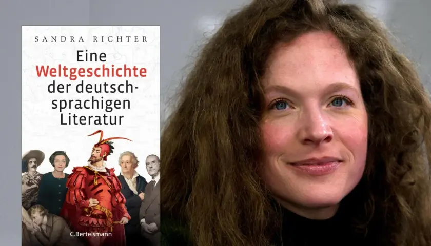 Sandra Richter, Autorin von "Eine Weltgeschichte der deutschsprachigen Literatur", neben historischen Darstellungen bekannter deutscher Schriftsteller.